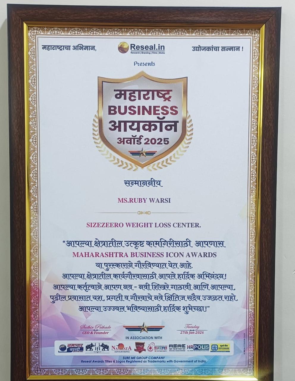 Maharashtra Business Icon Awards 2025 Certificate - Ruby Warsi & Size Zeero Weight Loss Center